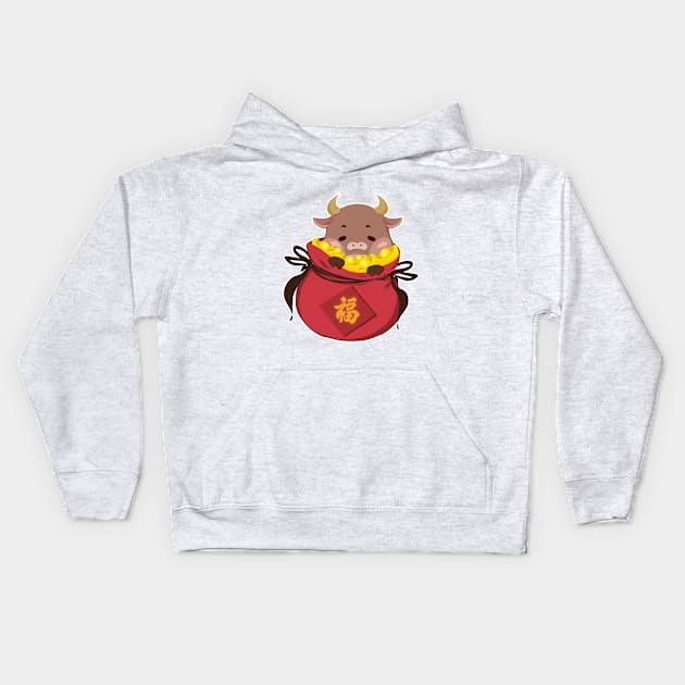 Cute little Ox Gives Best Wishes / Year of the Ox 2021 Kids Hoodie by Artiffy